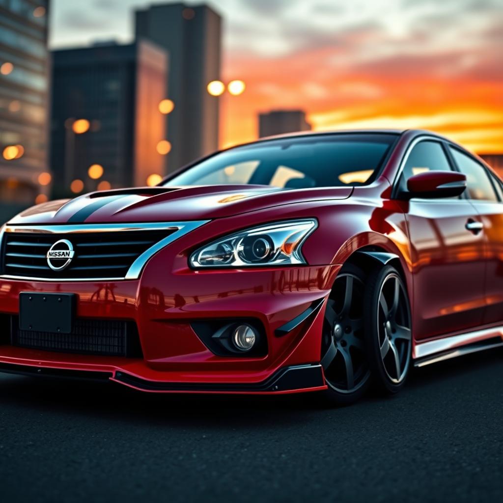 A modified 2013 Nissan Altima, featuring an aggressive sporty design with custom body kit, stylish racing stripes, and enhanced aerodynamic features