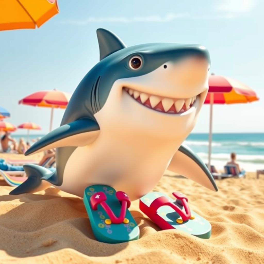 A playful scene of a friendly shark wearing colorful flip-flops (тапки) on a sunny beach