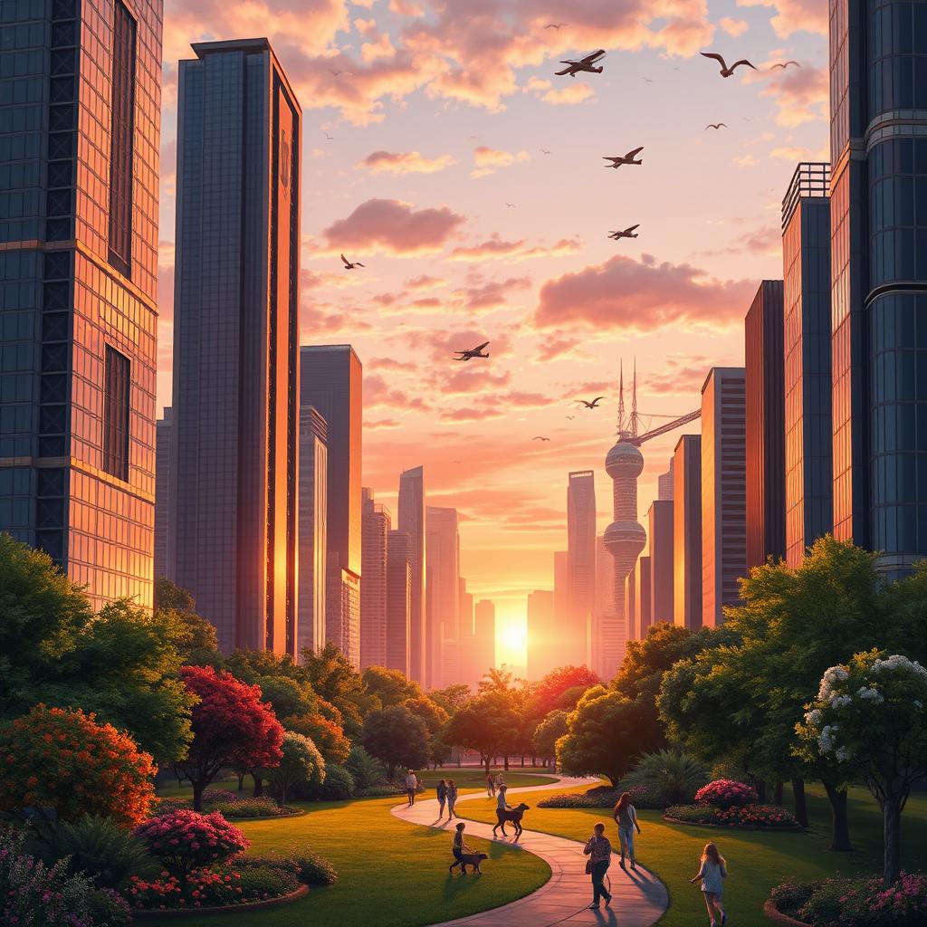 A beautifully intricate digital illustration of a futuristic cityscape at sunset, with towering skyscrapers made of glass and metal, reflecting the orange, pink, and purple hues of the sky