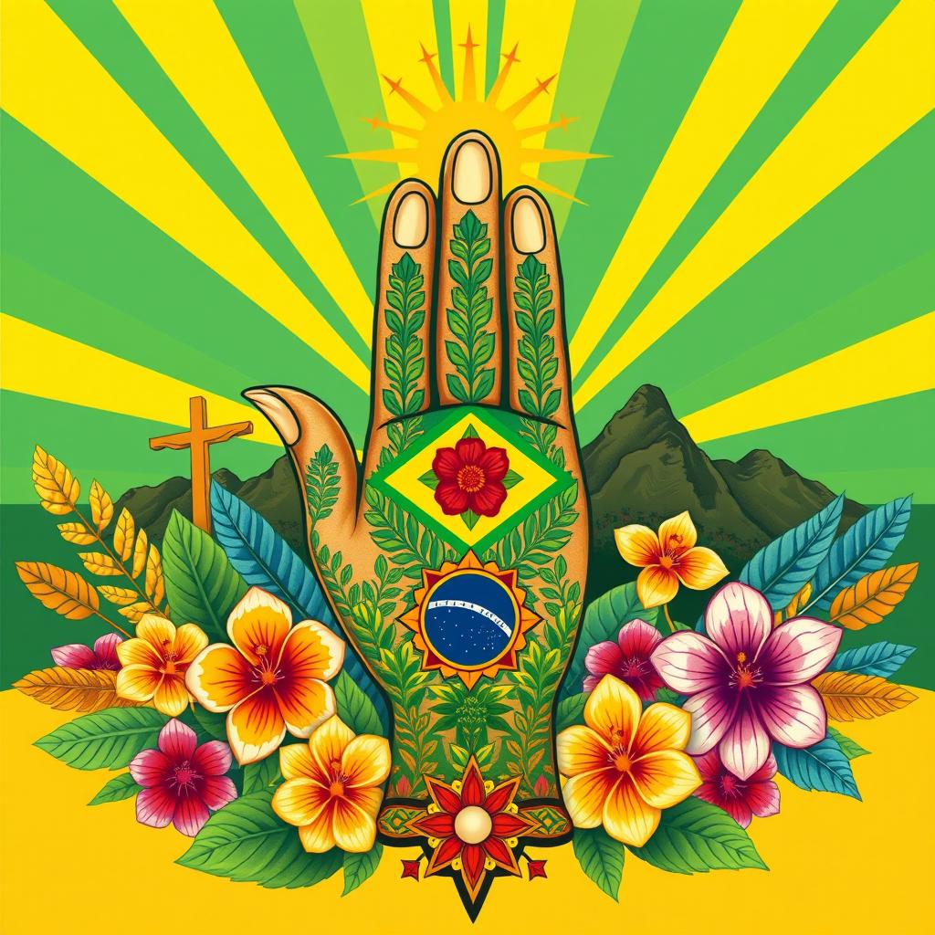 A beautifully detailed and vibrant illustration of the Hand of Fatima (Hamsa) integrated with elements that represent Brazilian culture