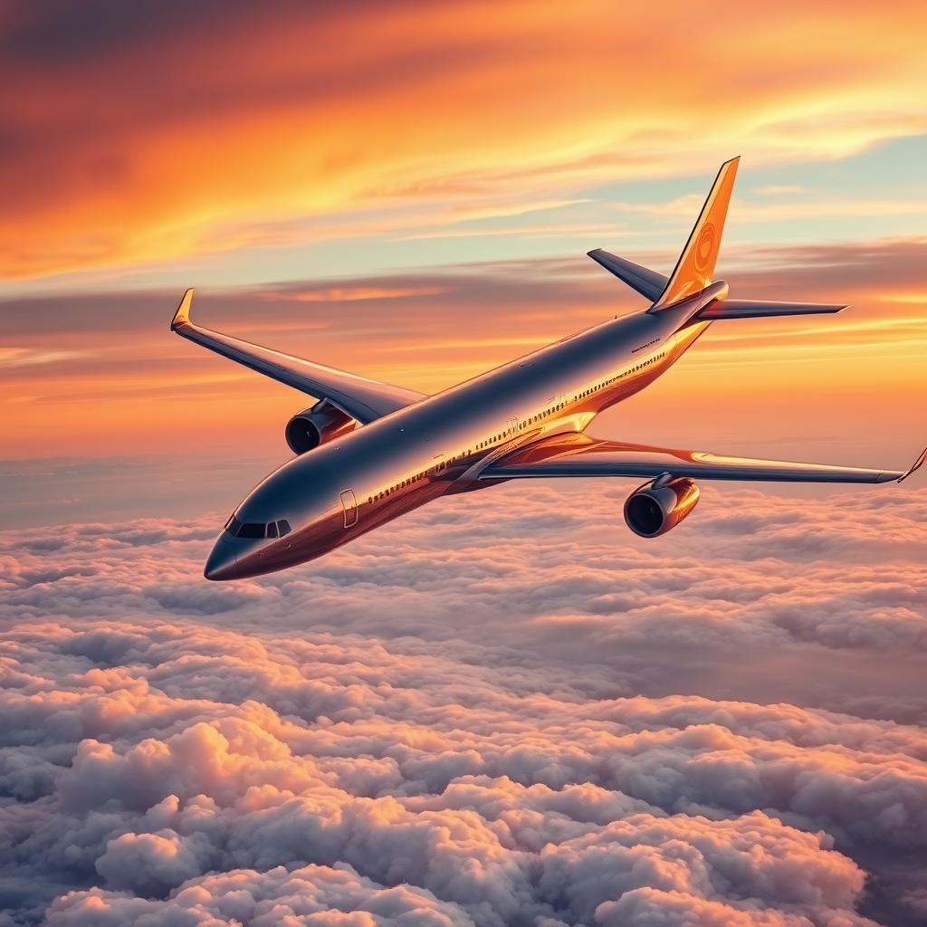 A sleek passenger airplane soaring high above the clouds during sunrise, with golden light reflecting off its metallic surface