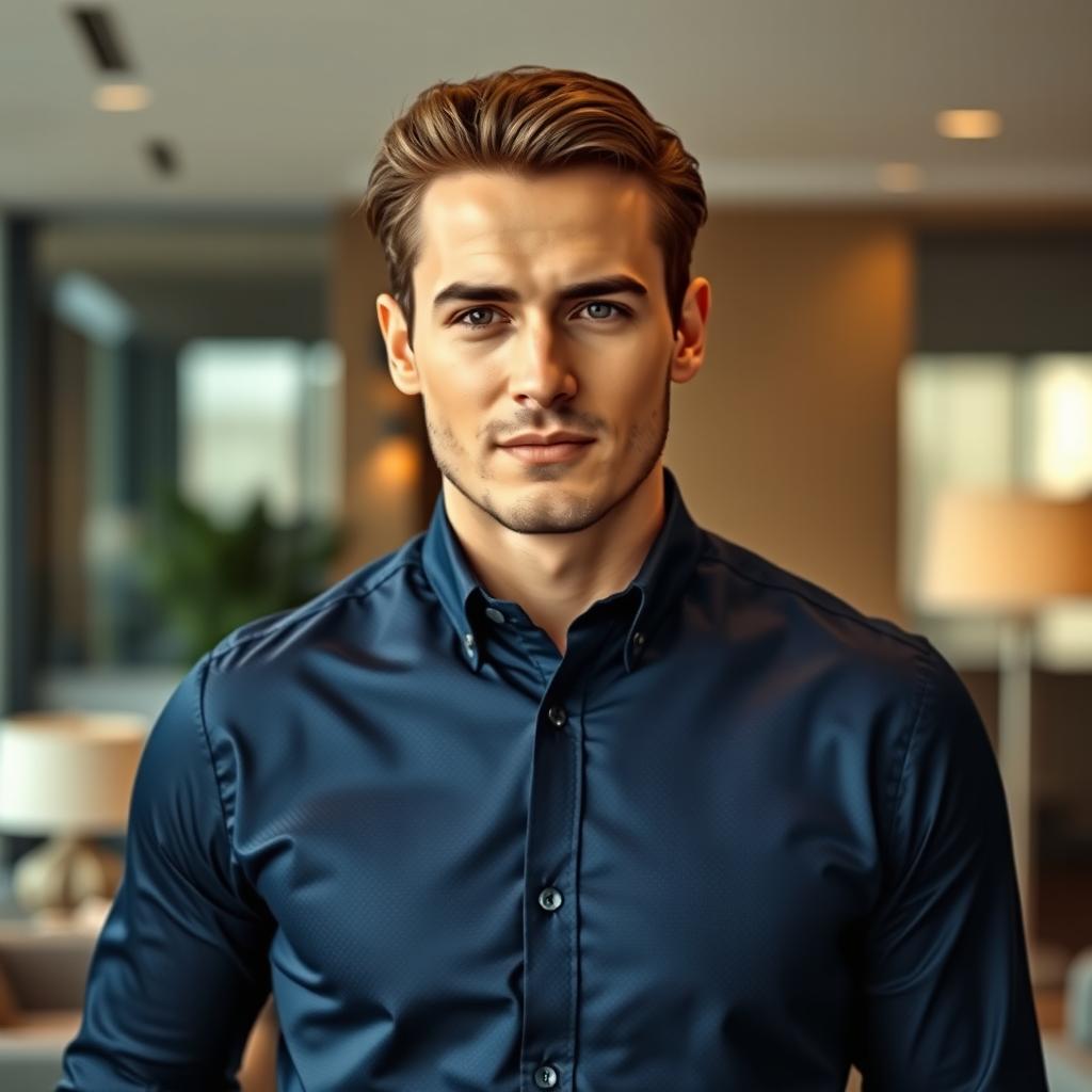 A stylish man in a sleek, button-up formal shirt, showcasing a polished look