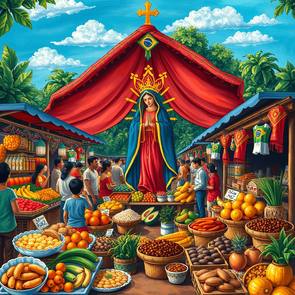 A vibrant and culturally rich scene depicting a traditional Brazilian market where the Mão de Fátima symbol is creatively integrated among colorful stalls
