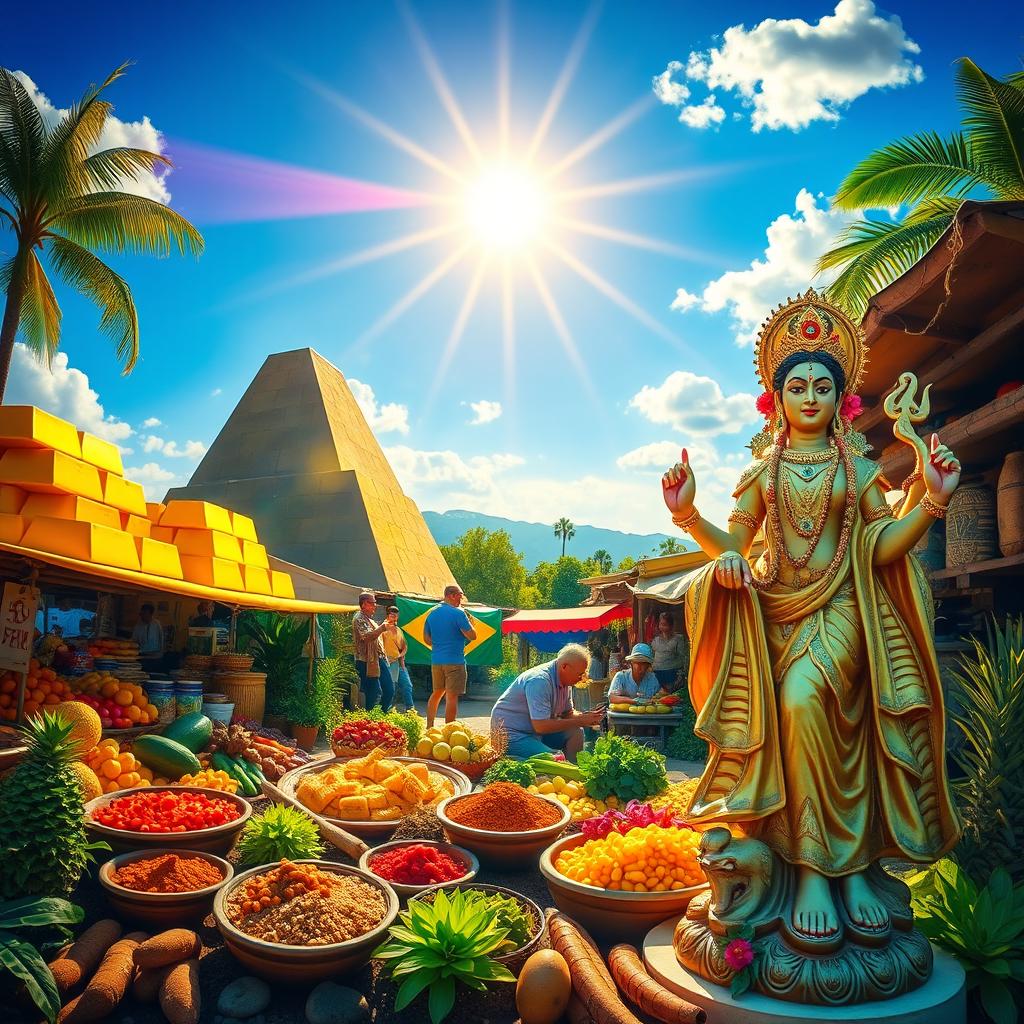 A vibrant and colorful scene depicting Brazil's rich culture and resources, showcasing an outdoor market filled with exotic foods such as tropical fruits, spices, and traditional Brazilian dishes