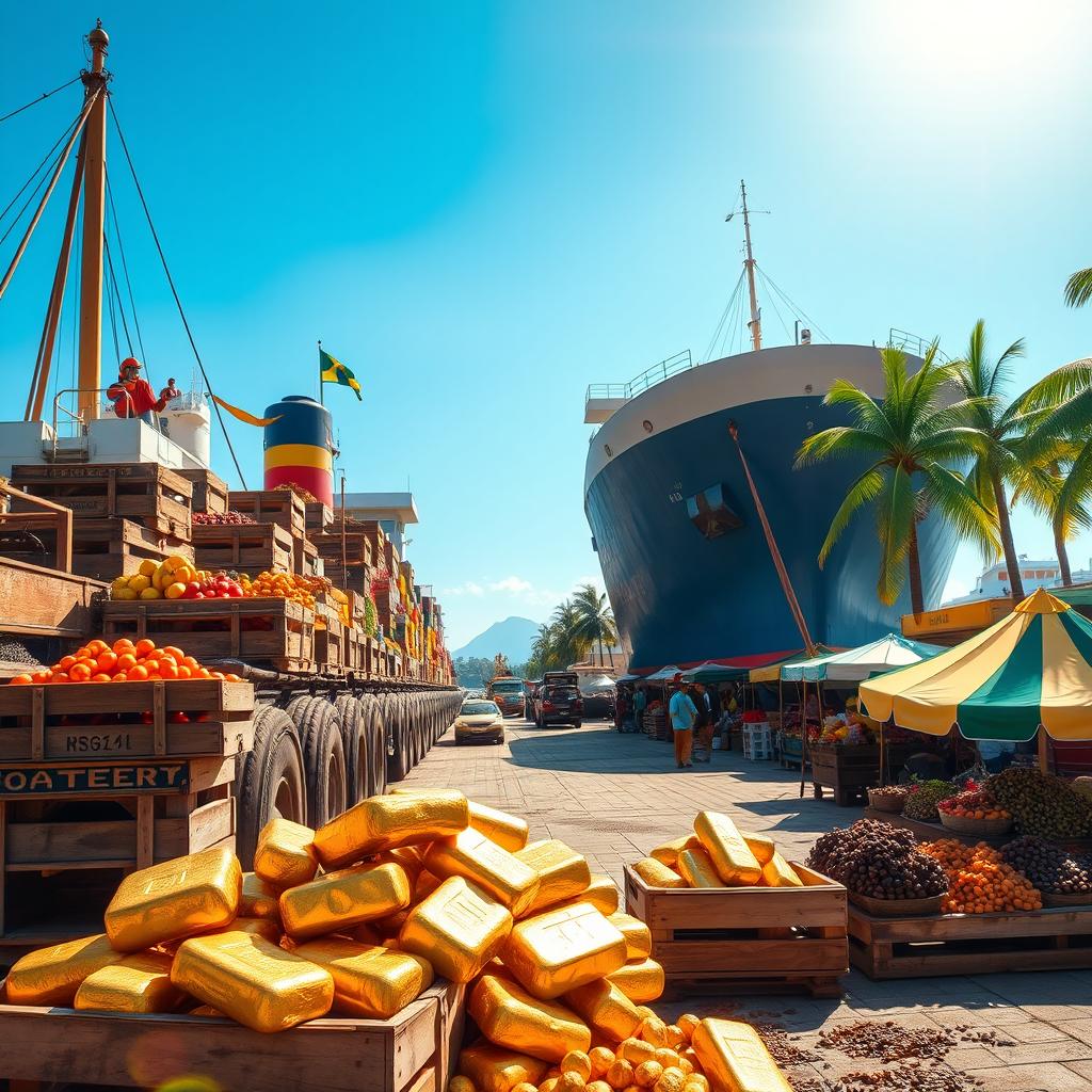 A vibrant scene depicting the bustling port of Brazil during the height of its exportation era