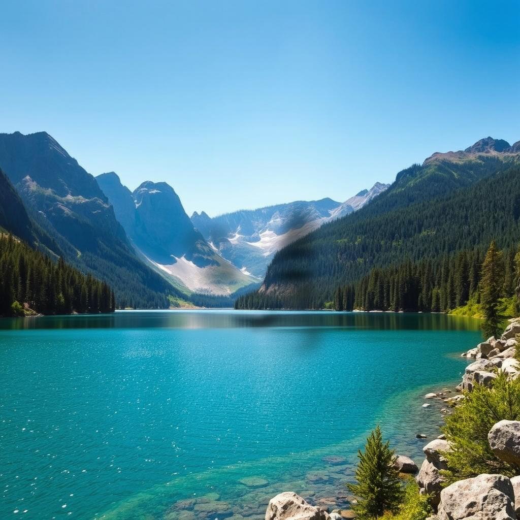 A serene landscape featuring a sparkling lake surrounded by lush green forests and majestic mountains under a clear blue sky, with the face from the second image subtly integrated into the background