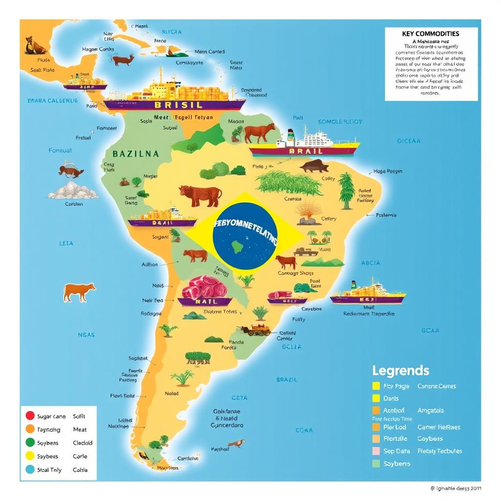A detailed and colorful map of Brazil showcasing key export commodities such as sugar, meat, and soybeans