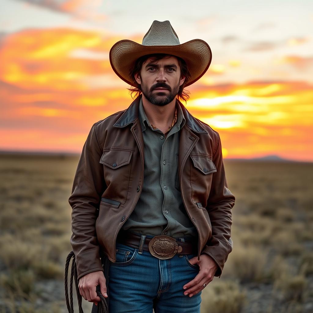 A rugged cowboy standing confidently in a wide-open prairie