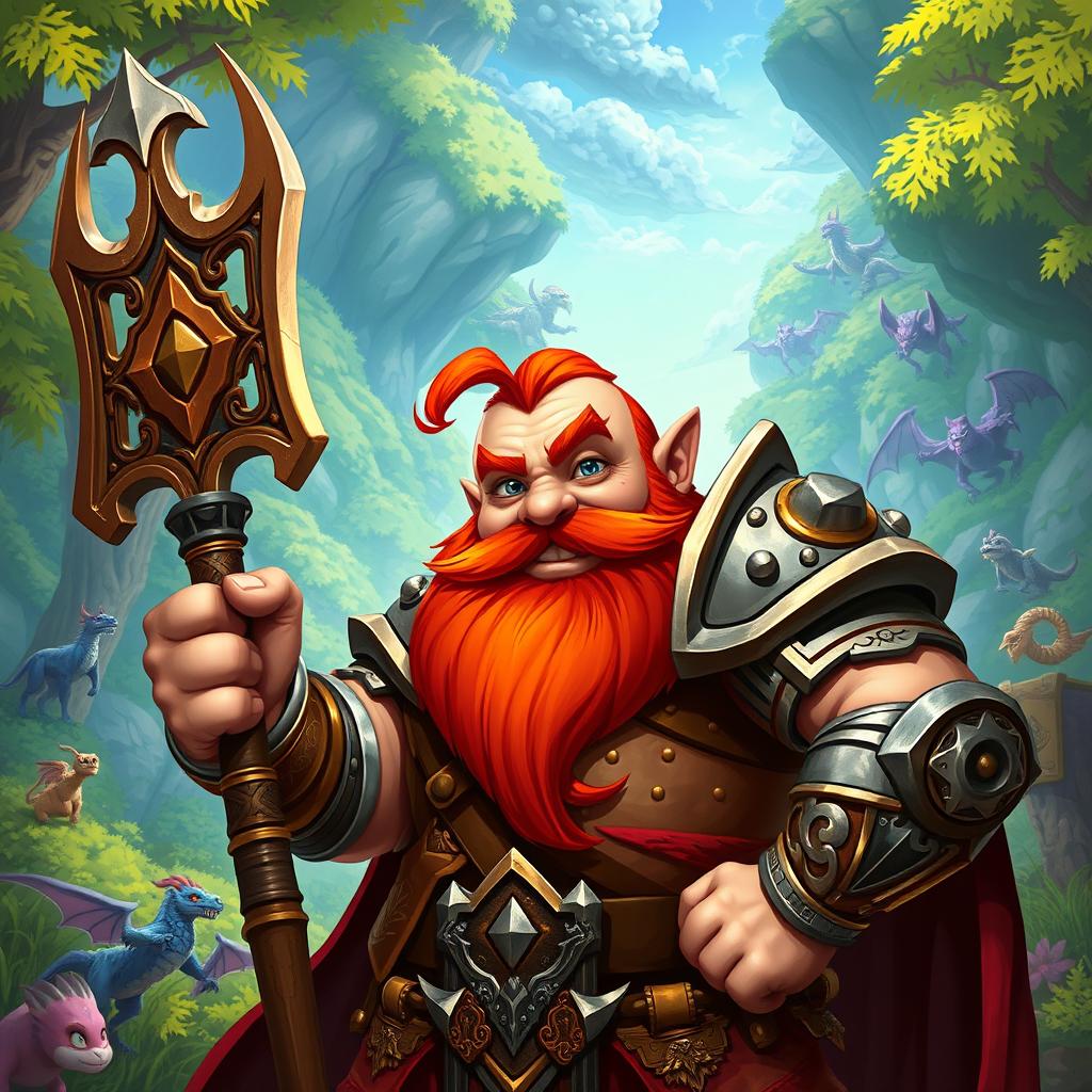 A muscular, charming dwarf paladin with a bright red beard, wearing ornate armor adorned with holy symbols