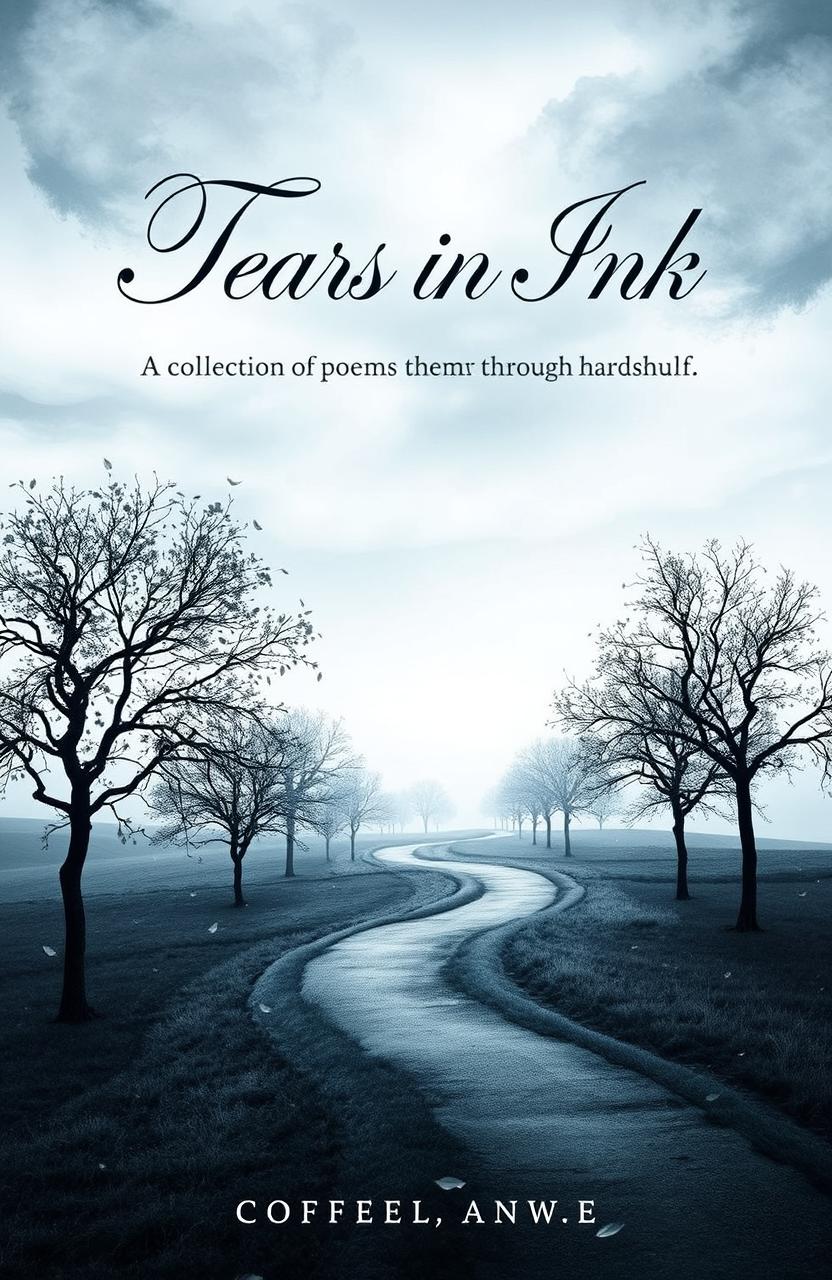 A beautifully designed book cover for a collection of poems titled 'Tears in Ink', featuring a serene landscape with a winding path symbolizing a journey through hardship