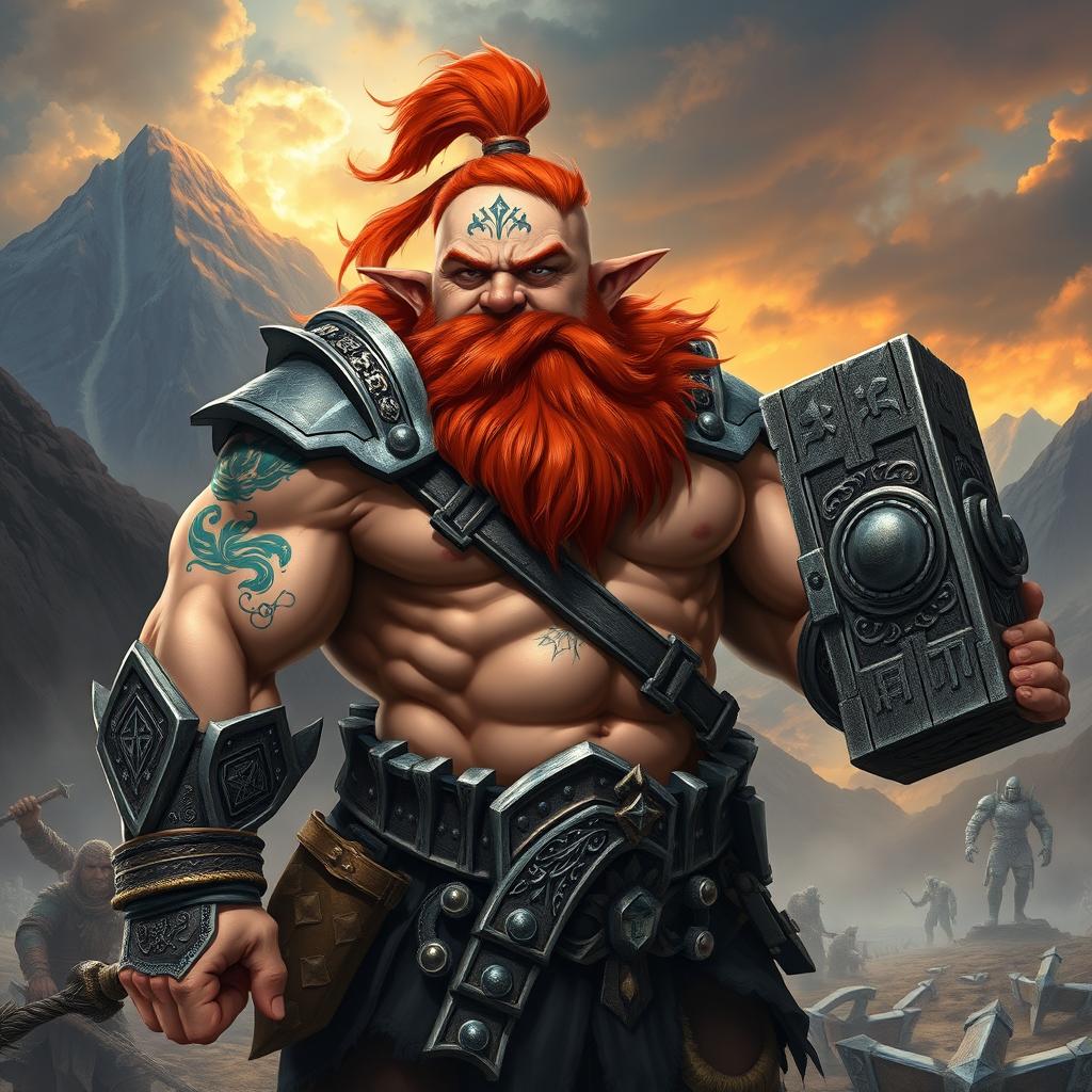 A muscular dwarf warrior with a striking red beard, standing confidently with a large hammer in one hand