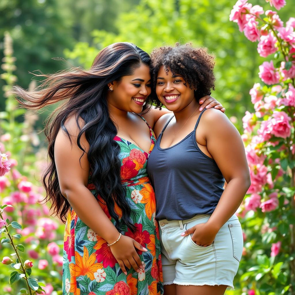 A joyful and intimate scene featuring two beautiful plus-size women in a vibrant natural setting, celebrating their love