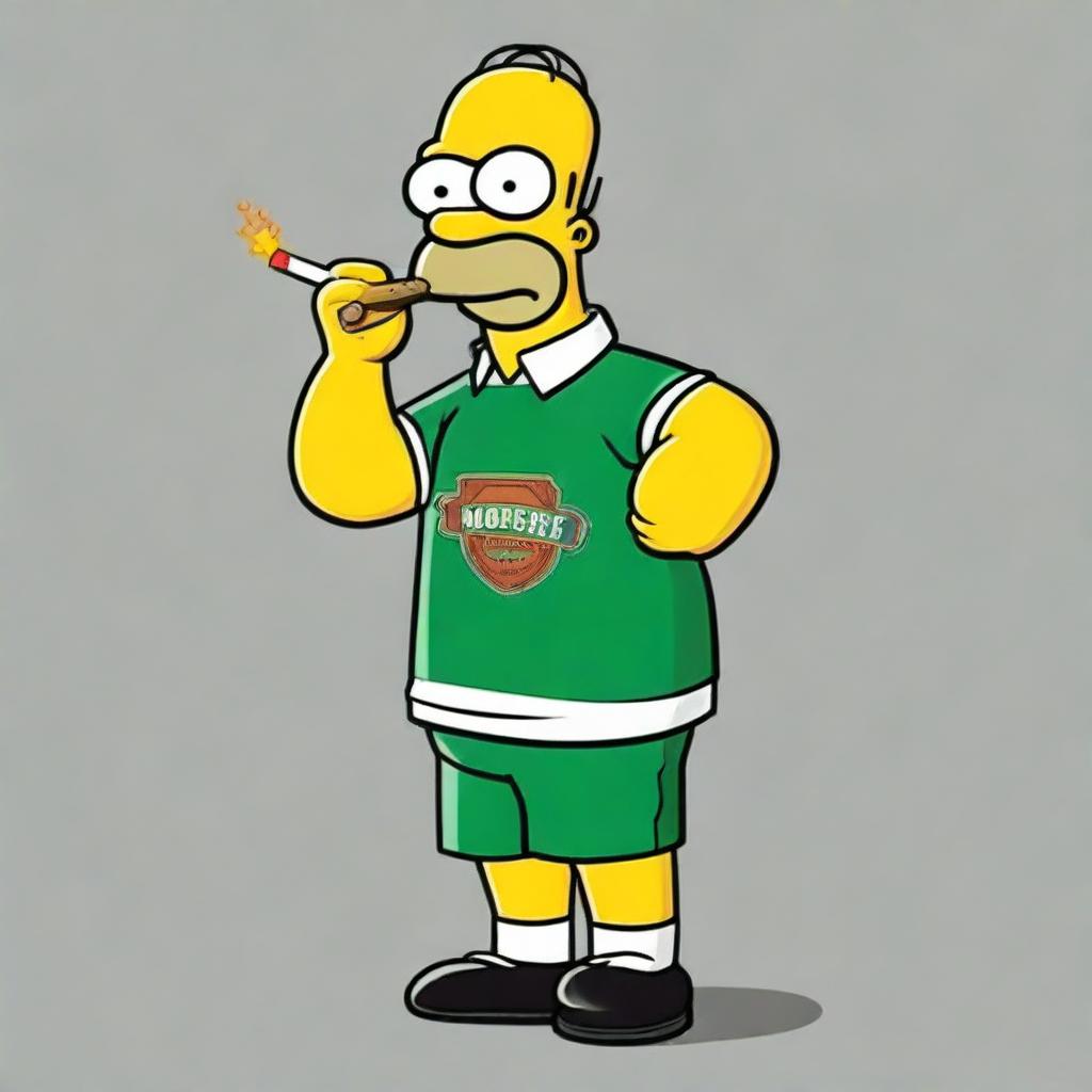 Homer Simpson, a popular cartoon character, dressed in an Offaly jersey, holding a lit cigarette in his hand.