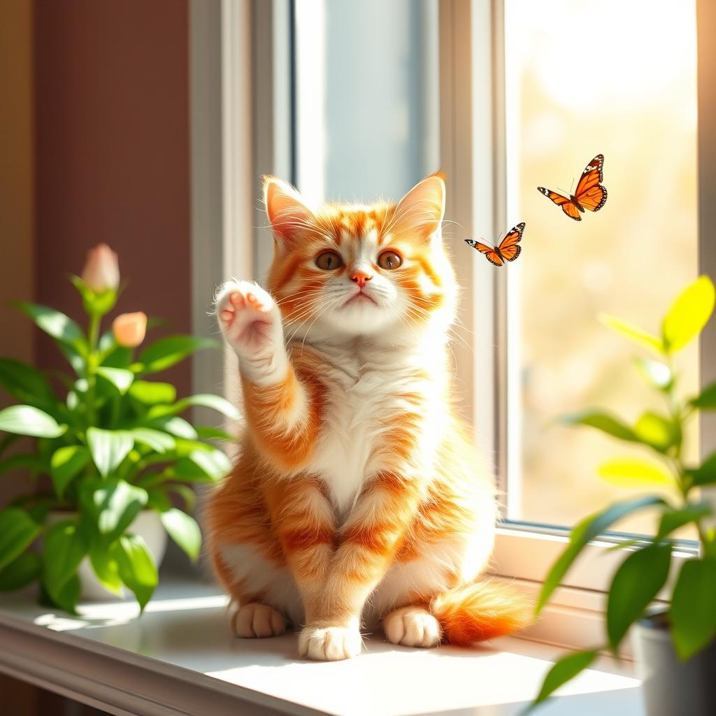 A cute, fluffy cat sitting on a sunny windowsill, with vibrant green plants in the background