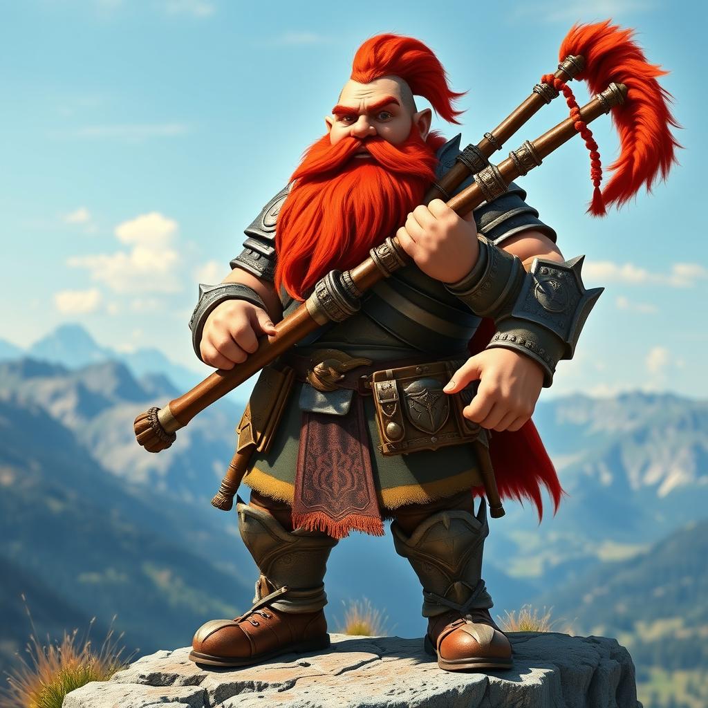 A powerful muscular dwarf knight with a vibrant red beard stands proudly holding a set of ornate bagpipes