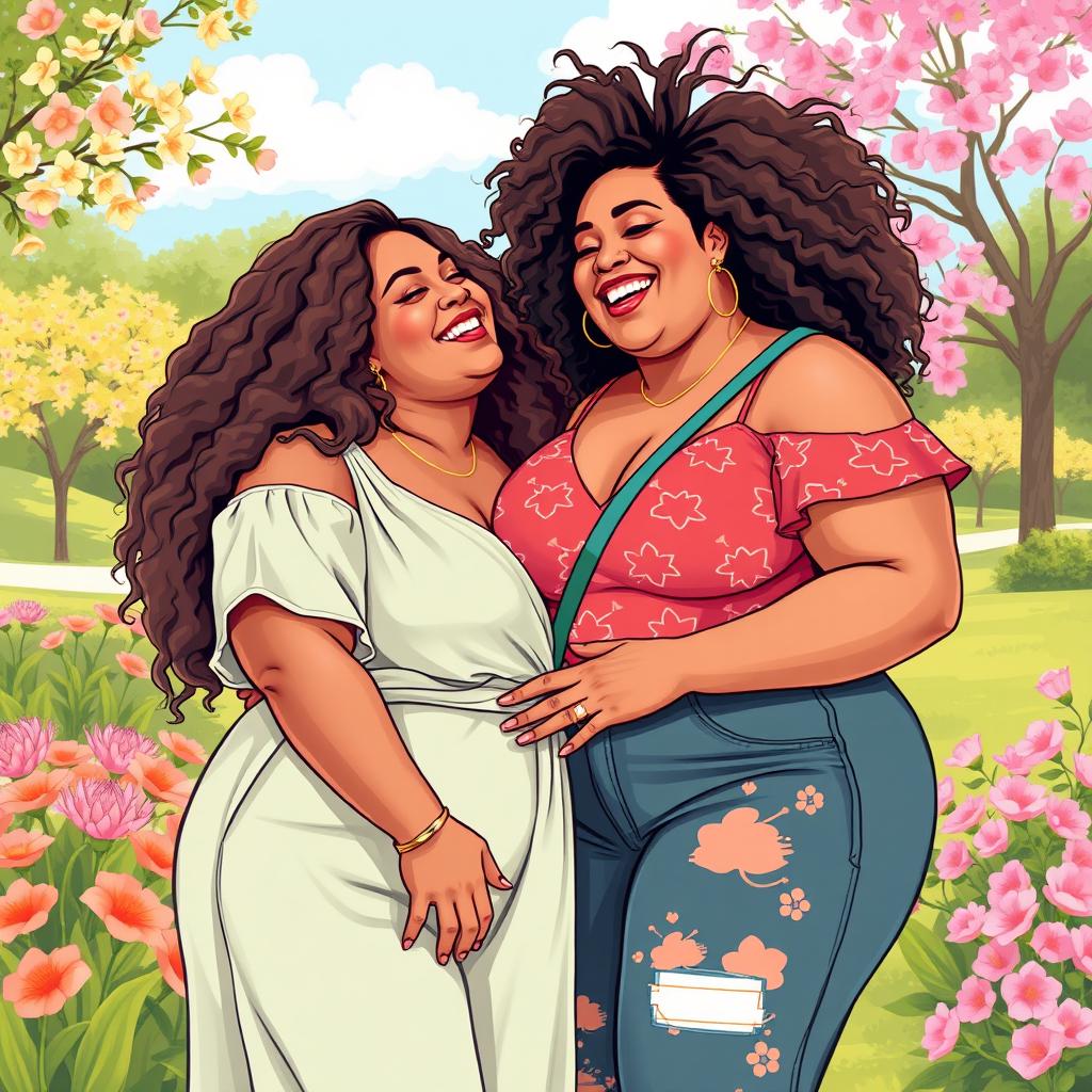 A vibrant and colorful illustration featuring two beautiful plus-size women in a loving embrace, celebrating their curves and natural beauty
