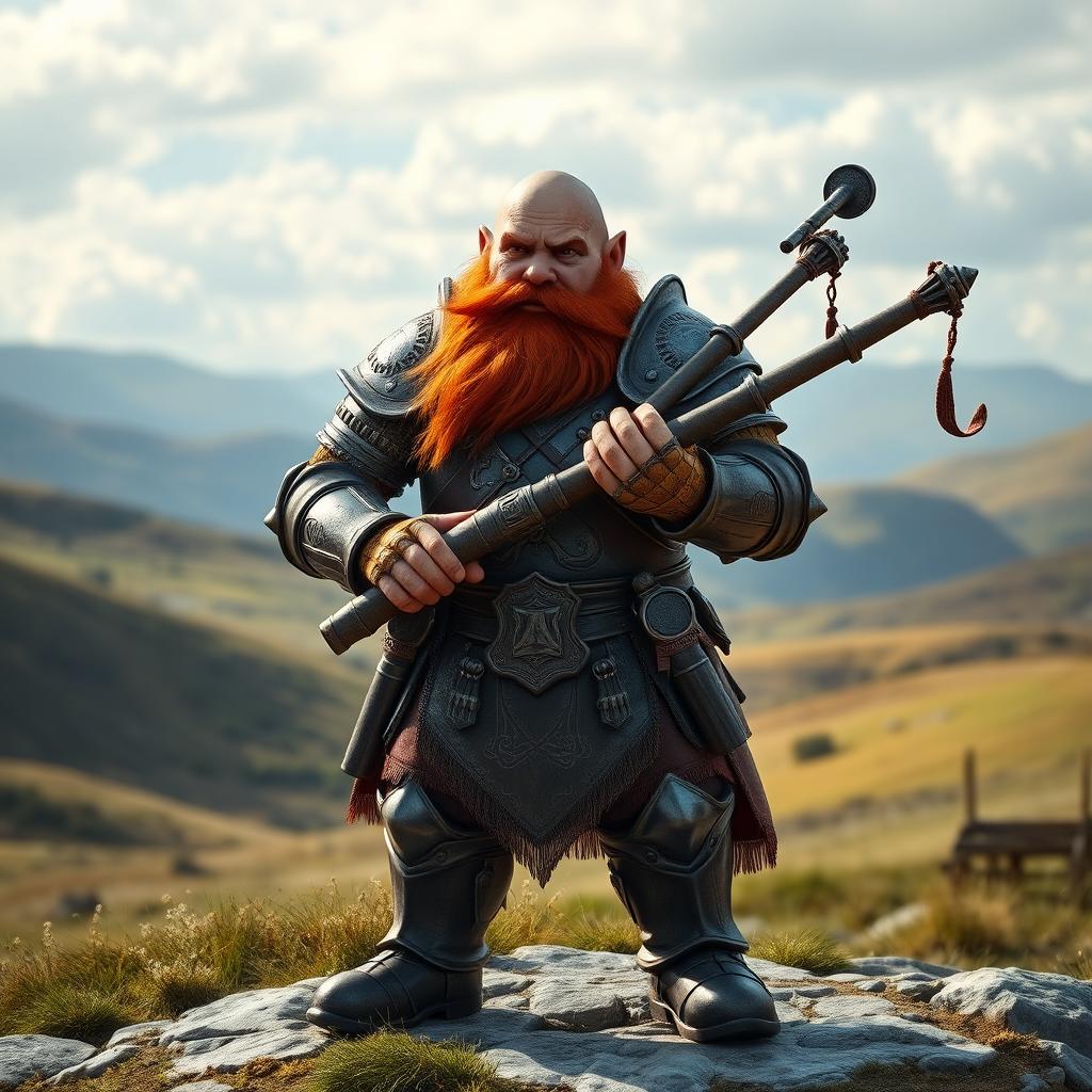 A robust and muscular dwarf knight with a striking red beard stands with a proud demeanor, holding an elaborate set of bagpipes