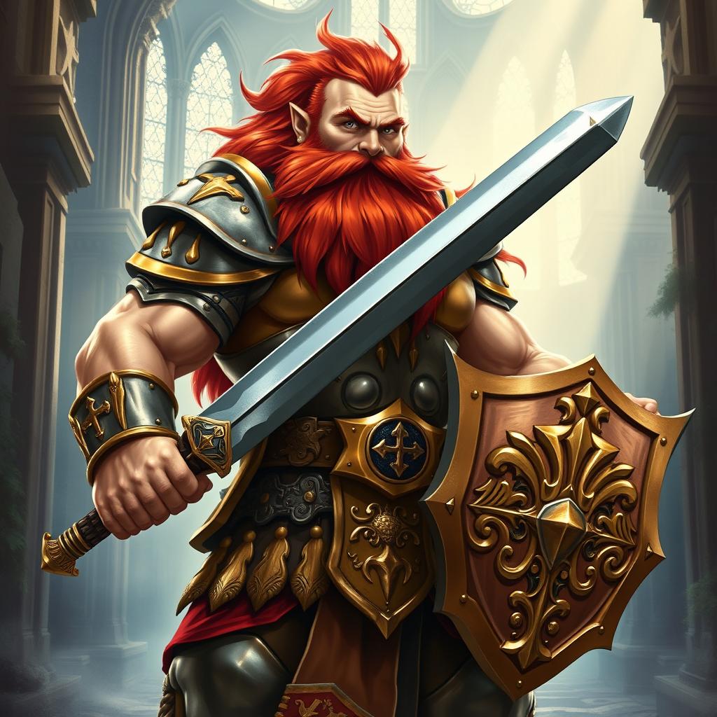 A musclebound dwarf paladin with a magnificent red beard stands heroically, adorned in shining armor embellished with holy symbols