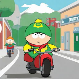 Cartman, a renowned animated character, clad in an Irish kit and riding a motorbike.