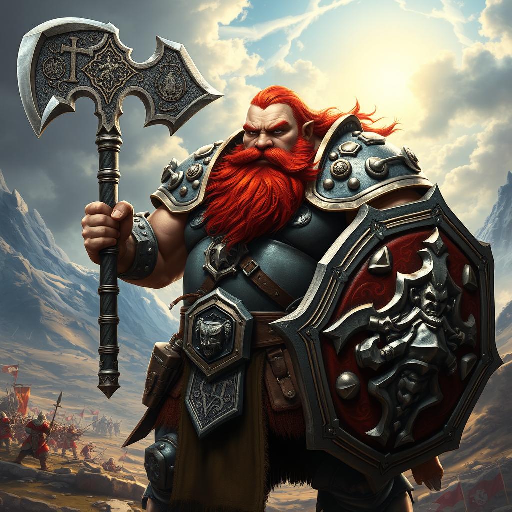 A musclebound dwarf knight with a striking red beard stands in a heroic pose, exuding strength and valor
