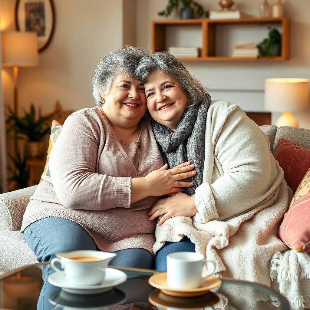 A beautiful and loving scene featuring a plus-size older woman with gray hair enjoying a cozy moment with her partner in a well-decorated living room
