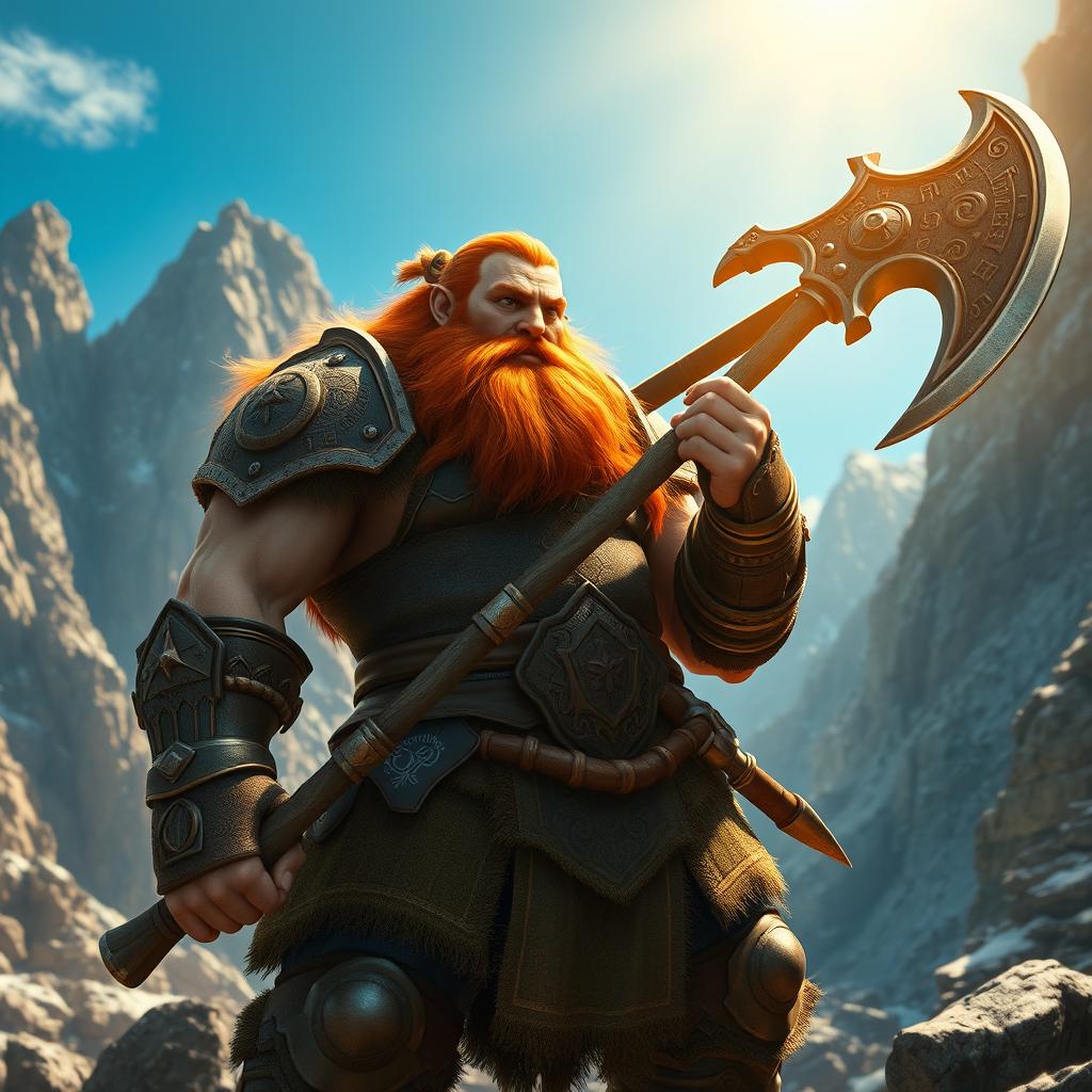 A powerful musclebound dwarf warrior with a striking red beard, clad in intricately detailed armor adorned with Nordic runes