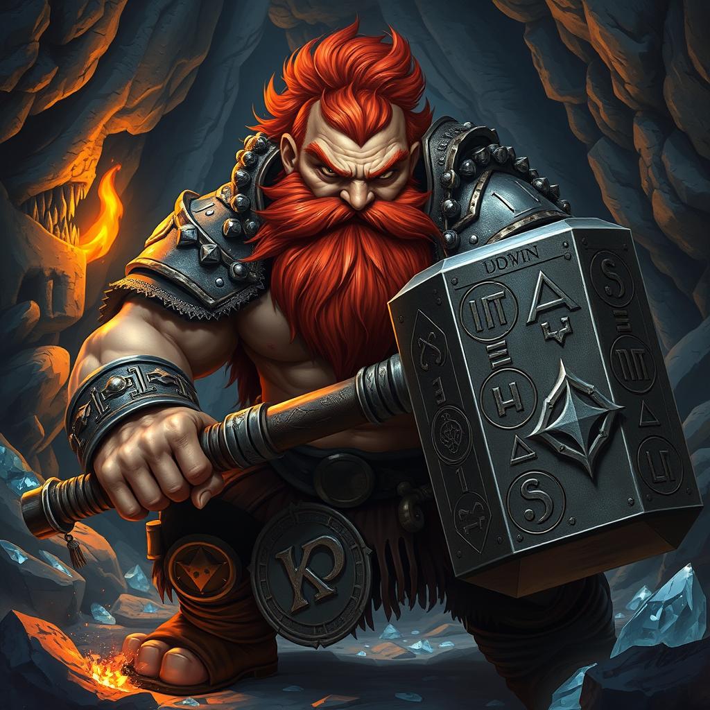 A formidable musclebound dwarf hammerer with a striking red beard, depicted in robust battle armor etched with ancient symbols