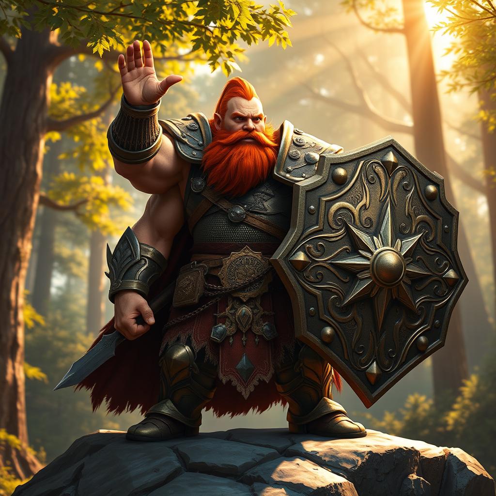 A mighty musclebound dwarf paladin with a striking red beard, adorned in ornate, gleaming plate armor featuring celestial motifs and intricate designs