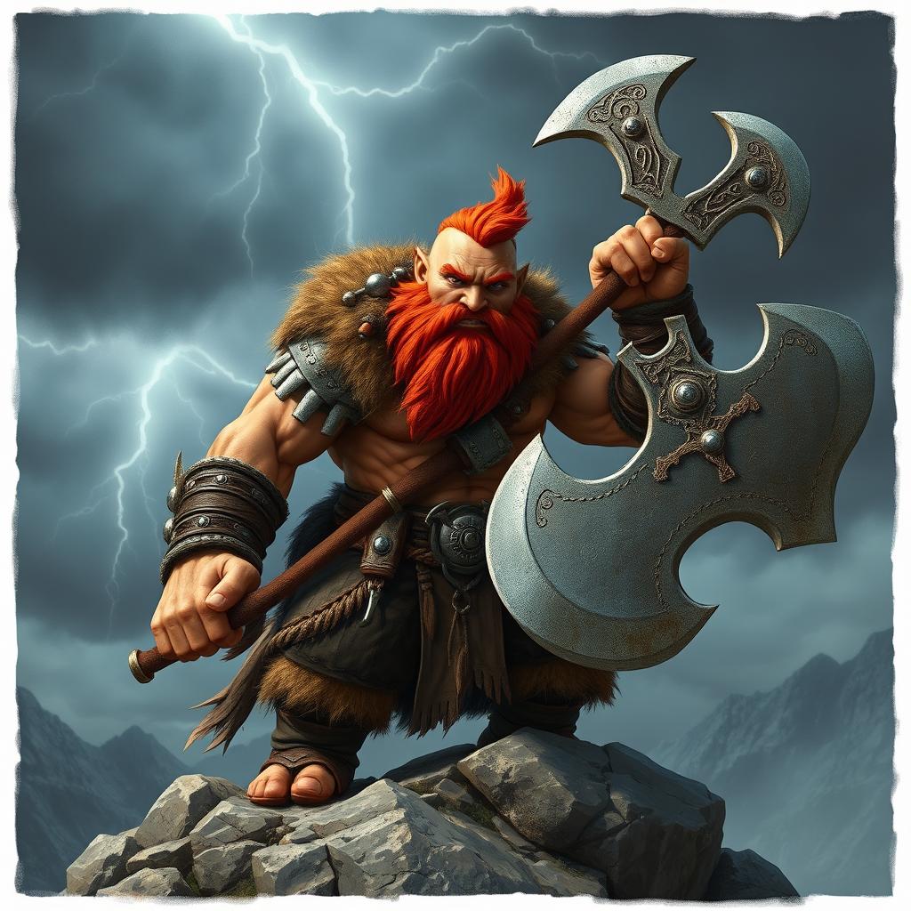 A fierce musclebound dwarf barbarian with a striking red beard, portrayed in battle-ready attire made of furs and leather, embellished with rugged metal accents