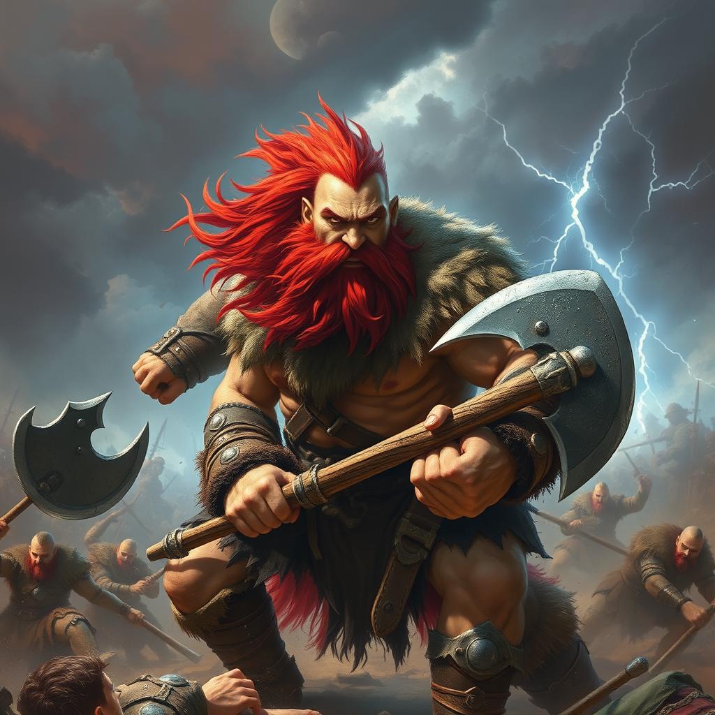 A fierce musclebound dwarf berserker with a vibrant red beard, captured in the midst of an exhilarating battle frenzy