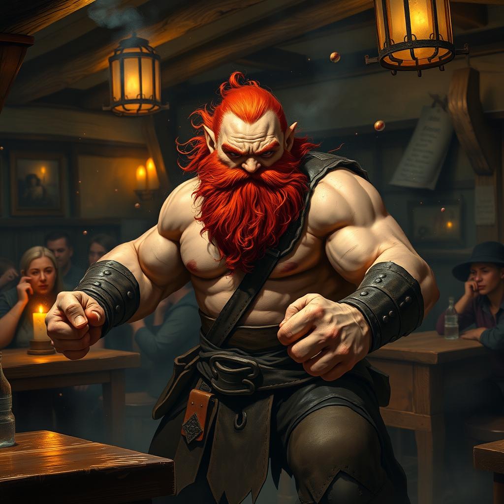 A robust musclebound dwarf brawler with a vibrant red beard, captured in an intense moment of a street fight, showcasing his raw strength and determination