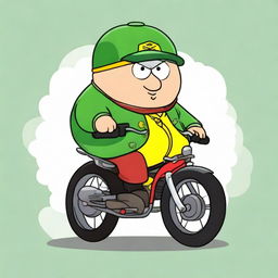 Cartman, a renowned animated character, clad in an Irish kit and riding a motorbike.