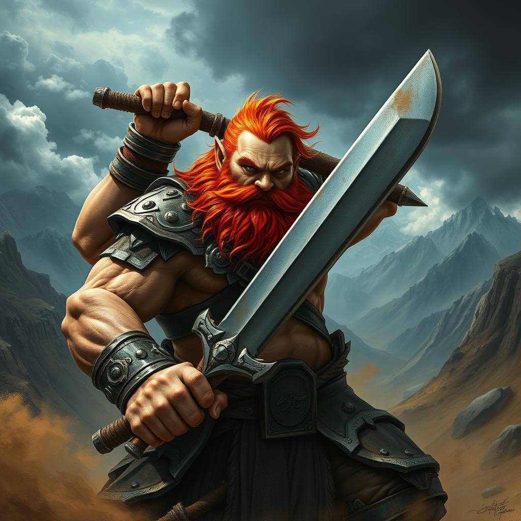 A powerful musclebound dwarf fighter with a vivid red beard, depicted in an action-packed moment in a fantasy setting