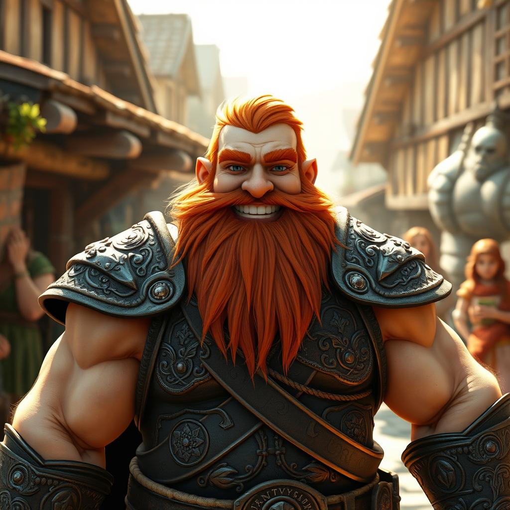 A musclebound dwarf fighter with a bright red beard, smiling warmly in a friendly and inviting pose
