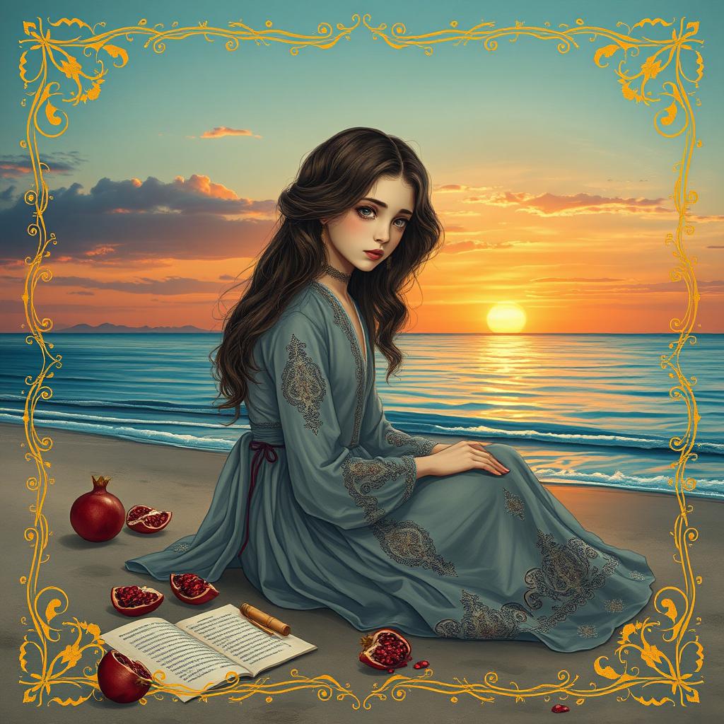 A heartbroken beautiful girl in Persian miniature style, sitting alone on a serene beach at sunset