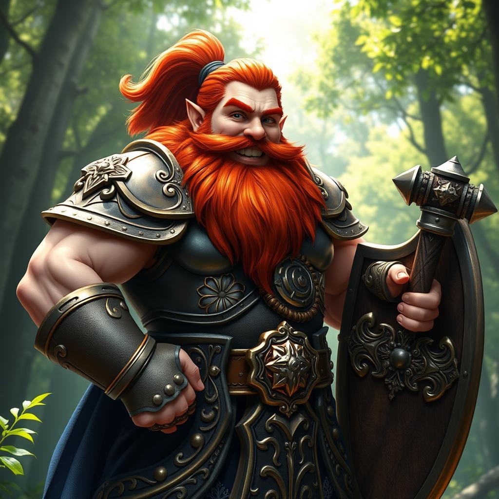 A musclebound dwarf paladin with a vibrant red beard, exuding strength and confidence