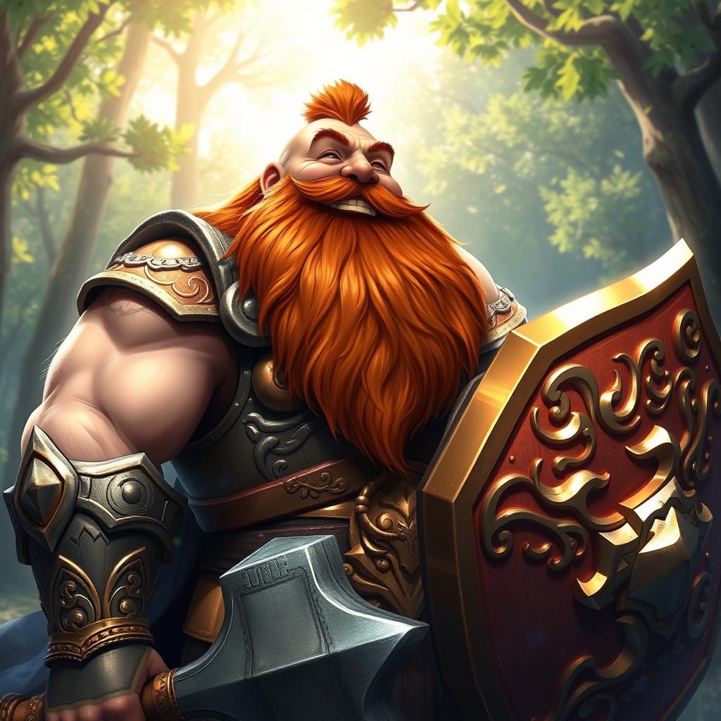 A musclebound dwarf paladin with a striking red beard, laughing heartily
