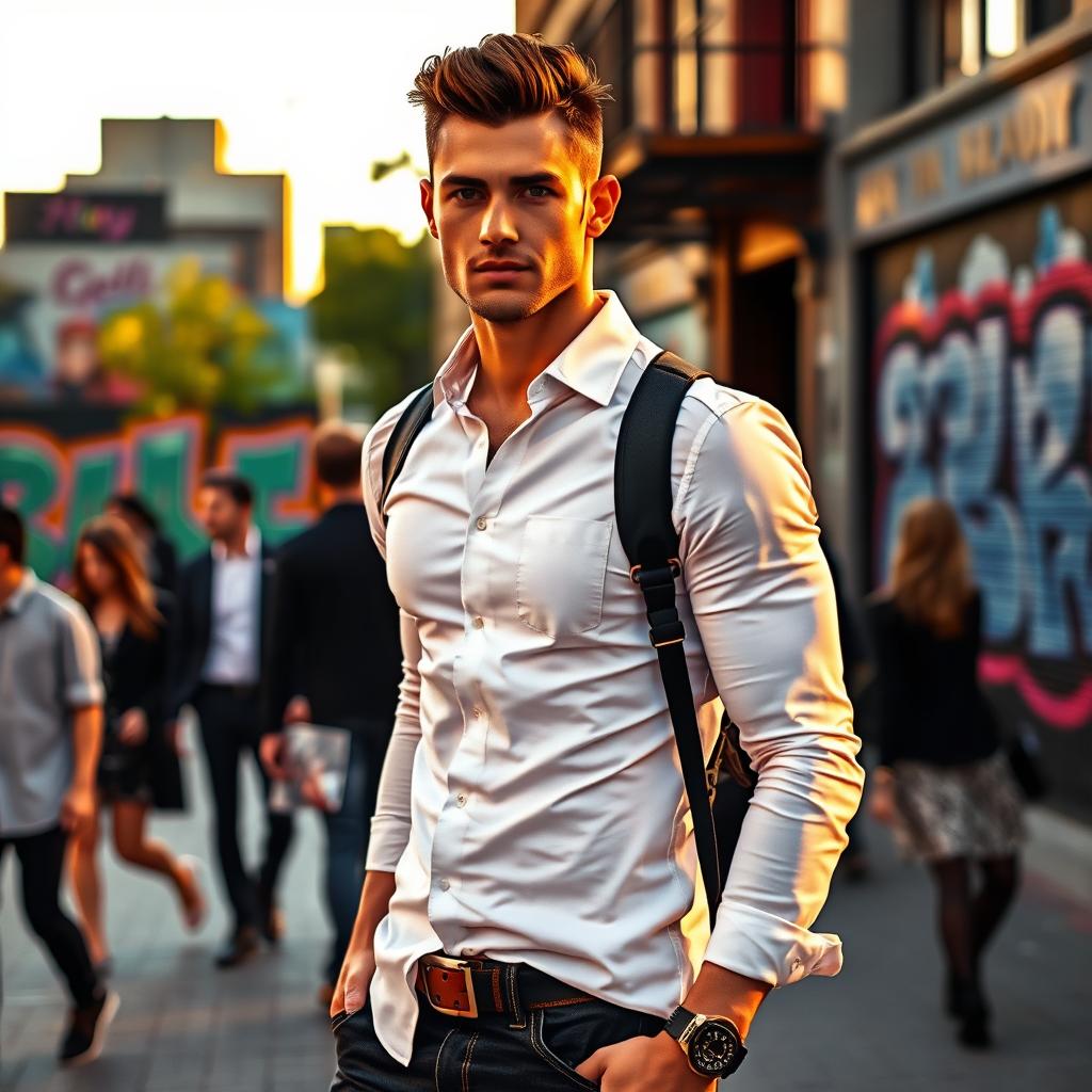 A stylish, slim-fit male model wearing a trendy outfit composed of a fitted white shirt and dark jeans, standing confidently in an urban environment with vibrant street art in the background