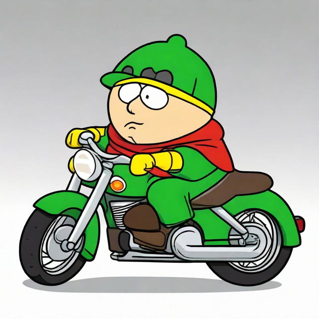 Cartman, a renowned animated character, clad in an Irish kit and riding a motorbike.