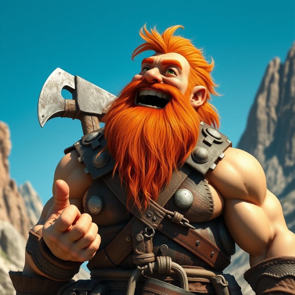 A musclebound dwarf warrior with a striking red beard, laughing joyfully