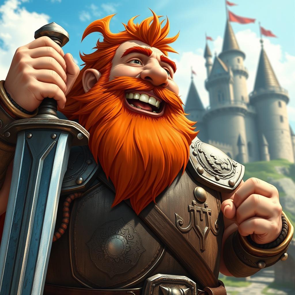A musclebound dwarf knight with a vibrant red beard, laughing heartily
