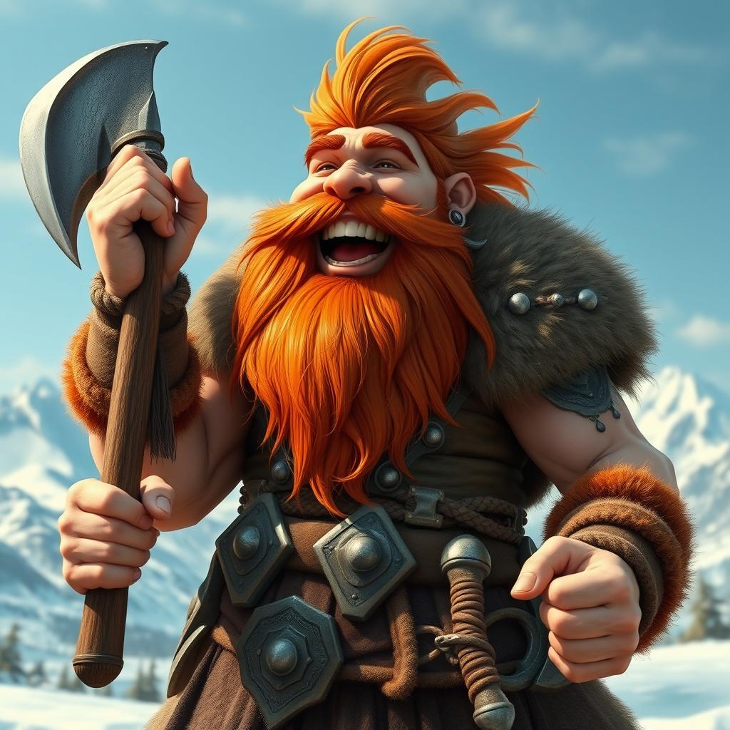 A musclebound dwarf viking with a magnificent red beard, laughing boisterously