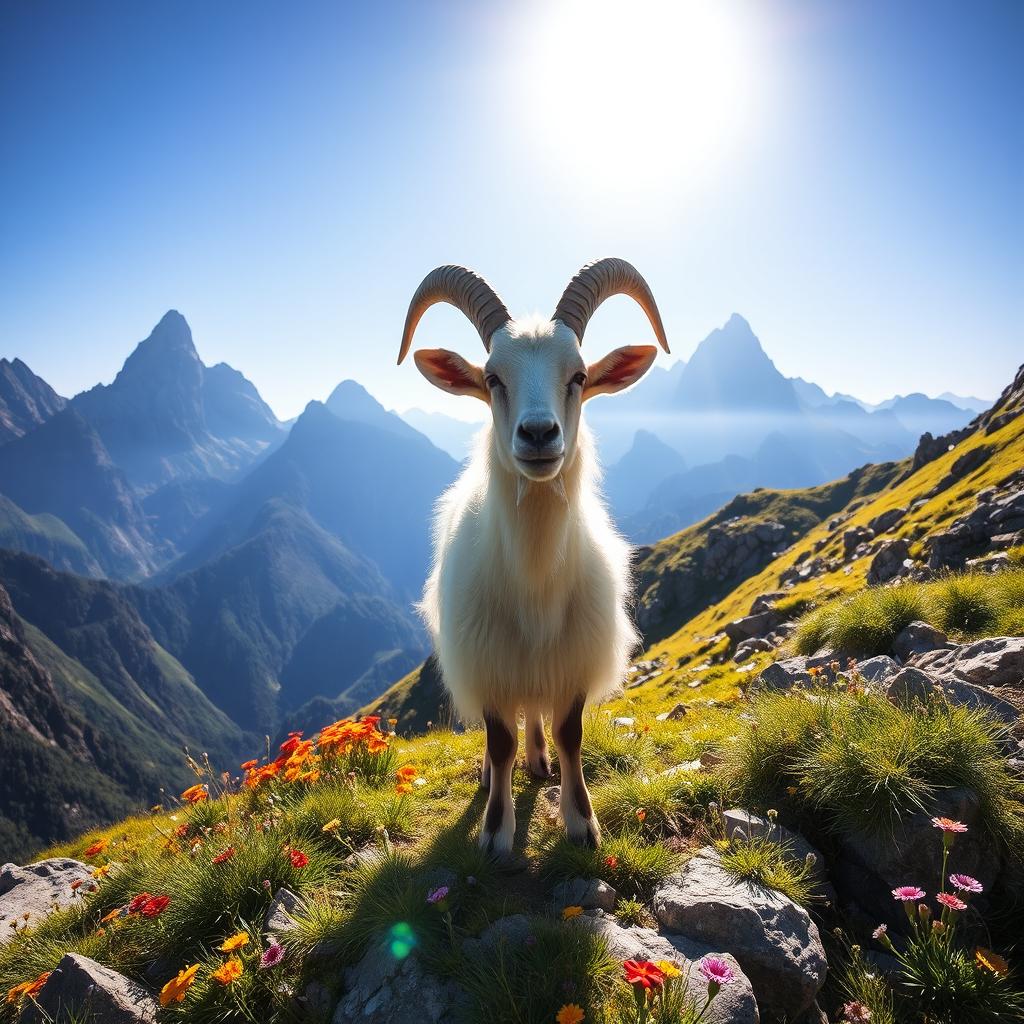 A majestic goat standing on a rocky mountainside, surrounded by green grass and vibrant wildflowers