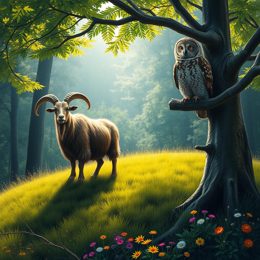 A serene scene depicting a majestic goat and a wise owl together in a lush forest setting
