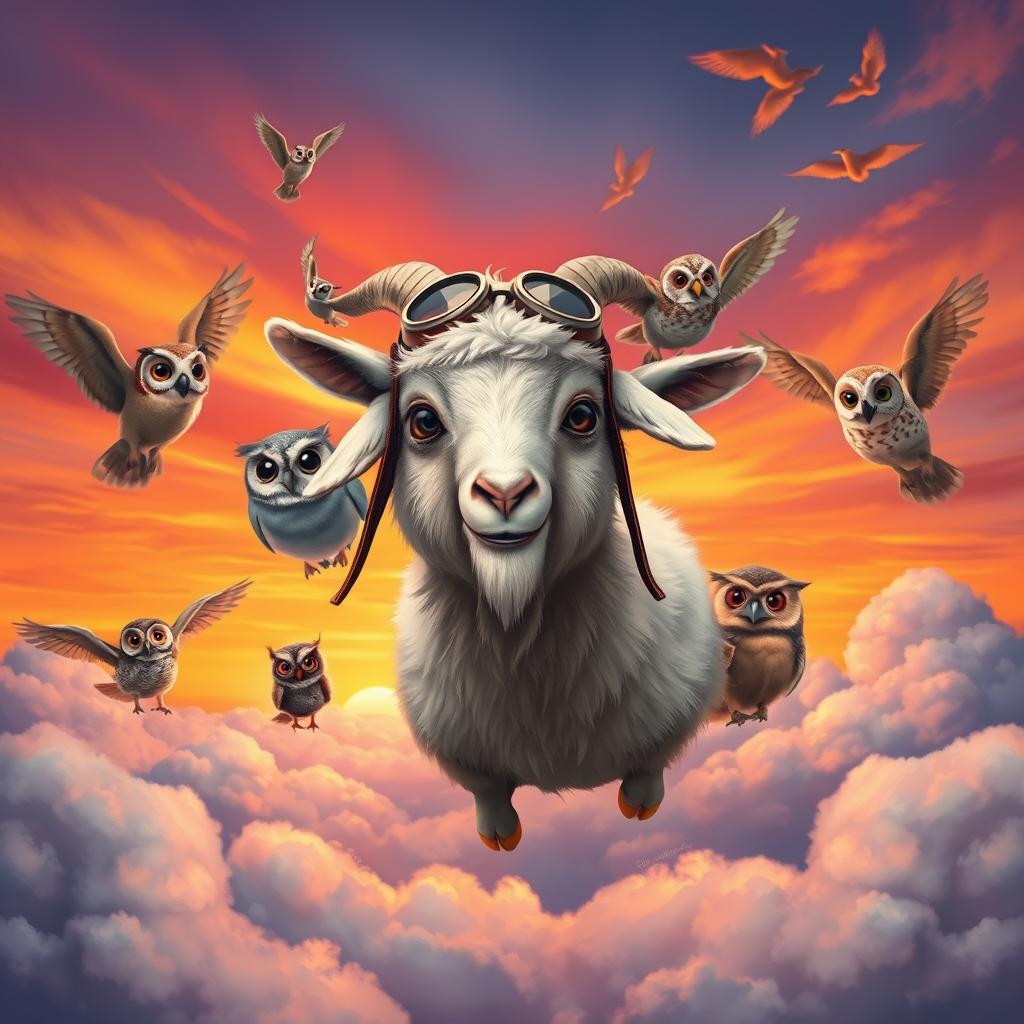 A whimsical scene featuring a goat and owls flying together in a vibrant sunset sky