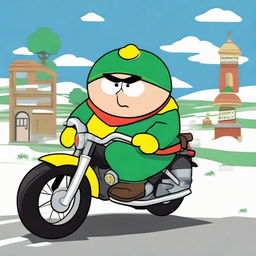 Cartman, a renowned animated character, clad in an Irish kit and riding a motorbike.