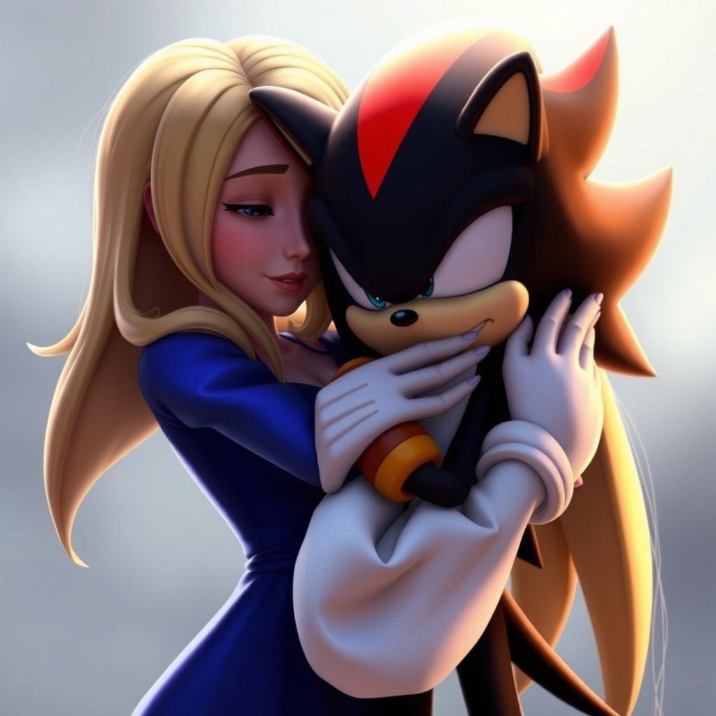 A poignant scene featuring Shadow the Hedgehog from the Sonic movie, emotionally crying in the comforting arms of Maria Robotnik