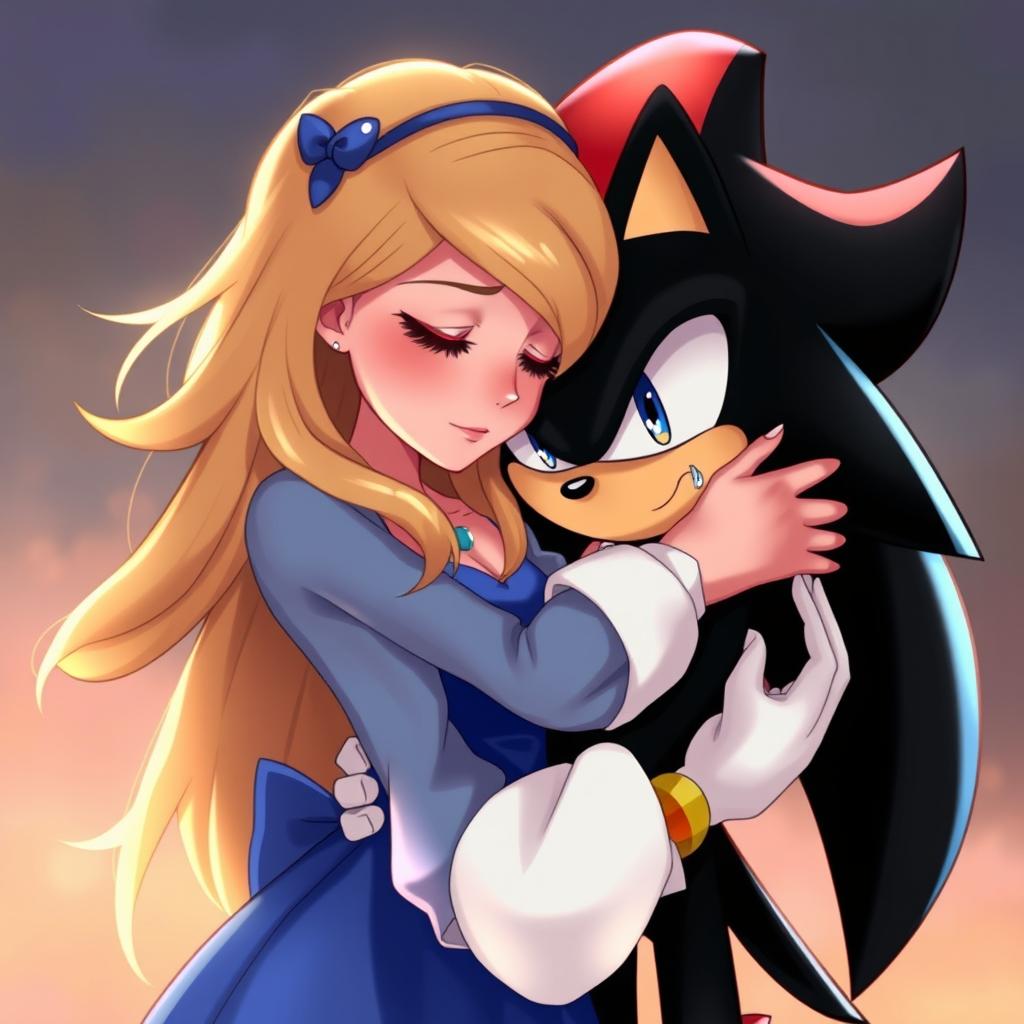 A heartfelt scene depicting Shadow the Hedgehog from the movie Sonic, tearfully crying in the gentle embrace of Maria Robotnik