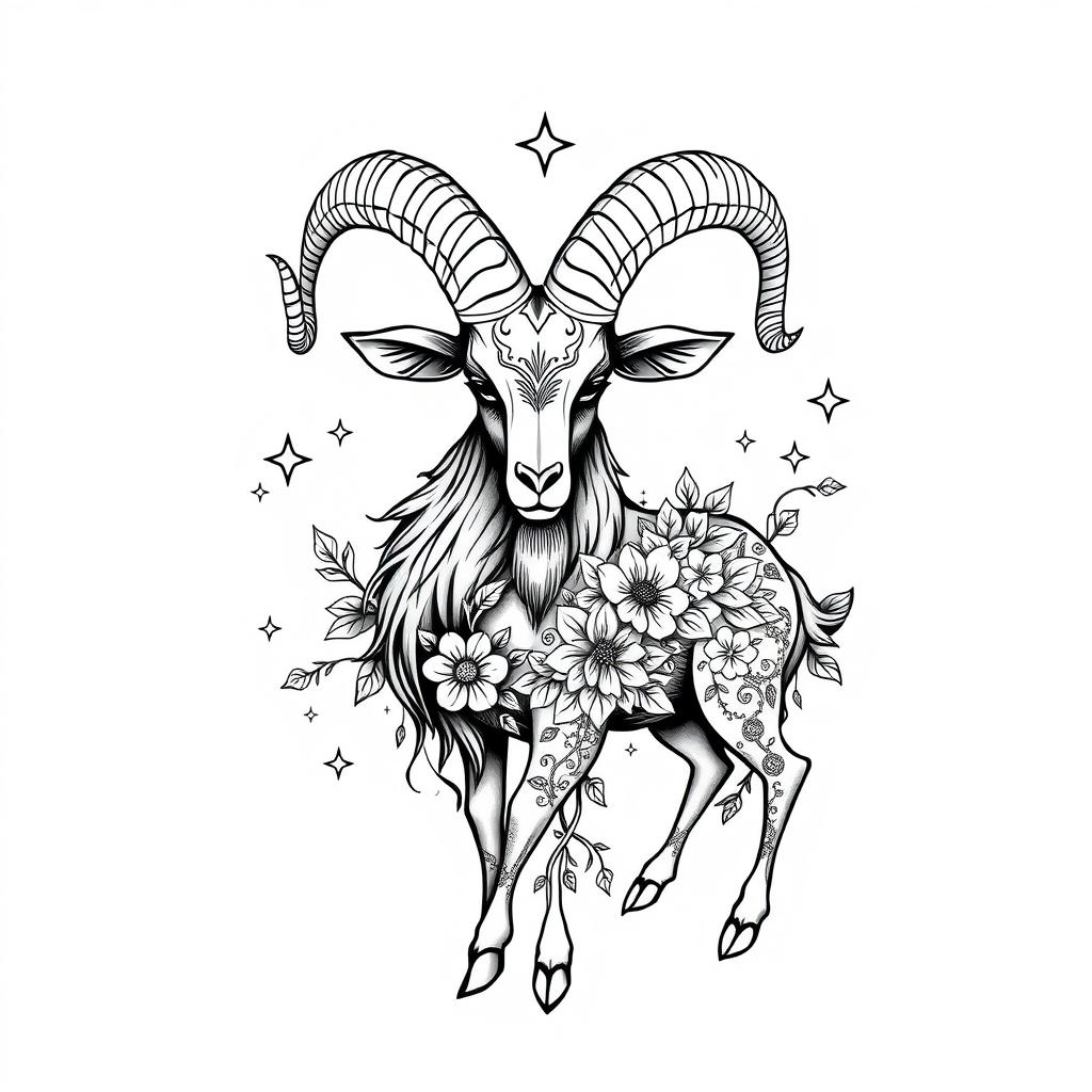 An intricate tattoo design featuring a detailed depiction of a goat