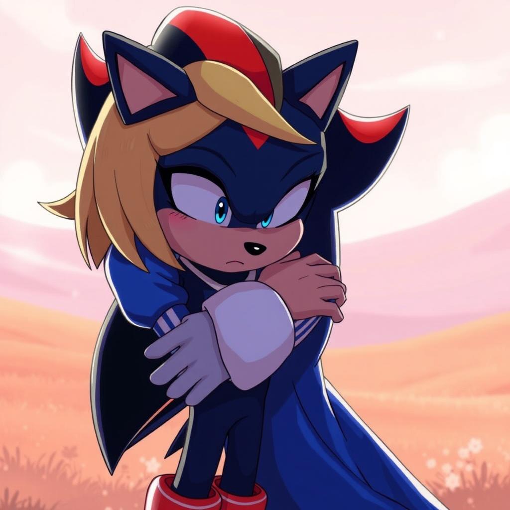 A touching scene featuring Shadow the Hedgehog, known from the Sonic movie, crying gently in the arms of Maria Robotnik